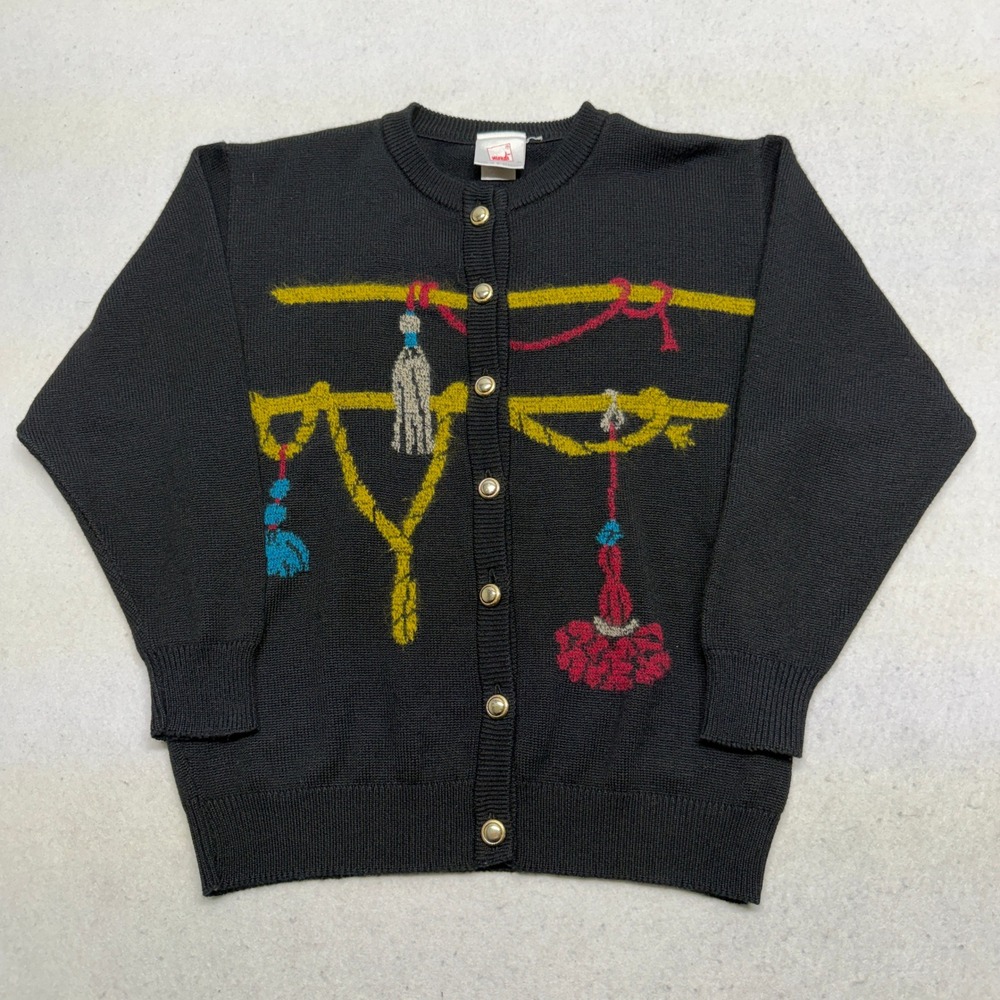 Vintage Mondi West Germany Tassel Cardigan Sweater Black Wool Blend‎ Size 34 S